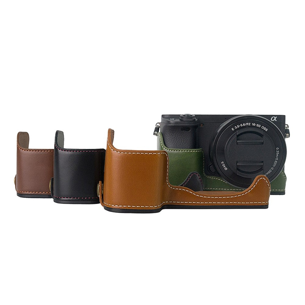 Camera Cover for Sony A6400 / A6300 / A6100 / A6000 Battery Opening Design PU Leather Half Body Bottom Case with Wrist Strap