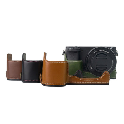 Camera Cover for Sony A6400 / A6300 / A6100 / A6000 Battery Opening Design PU Leather Half Body Bottom Case with Wrist Strap