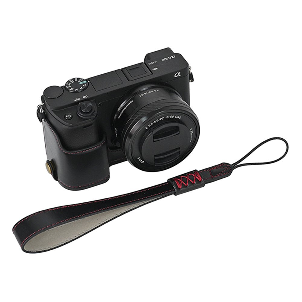 Camera Cover for Sony A6400 / A6300 / A6100 / A6000 Battery Opening Design PU Leather Half Body Bottom Case with Wrist Strap