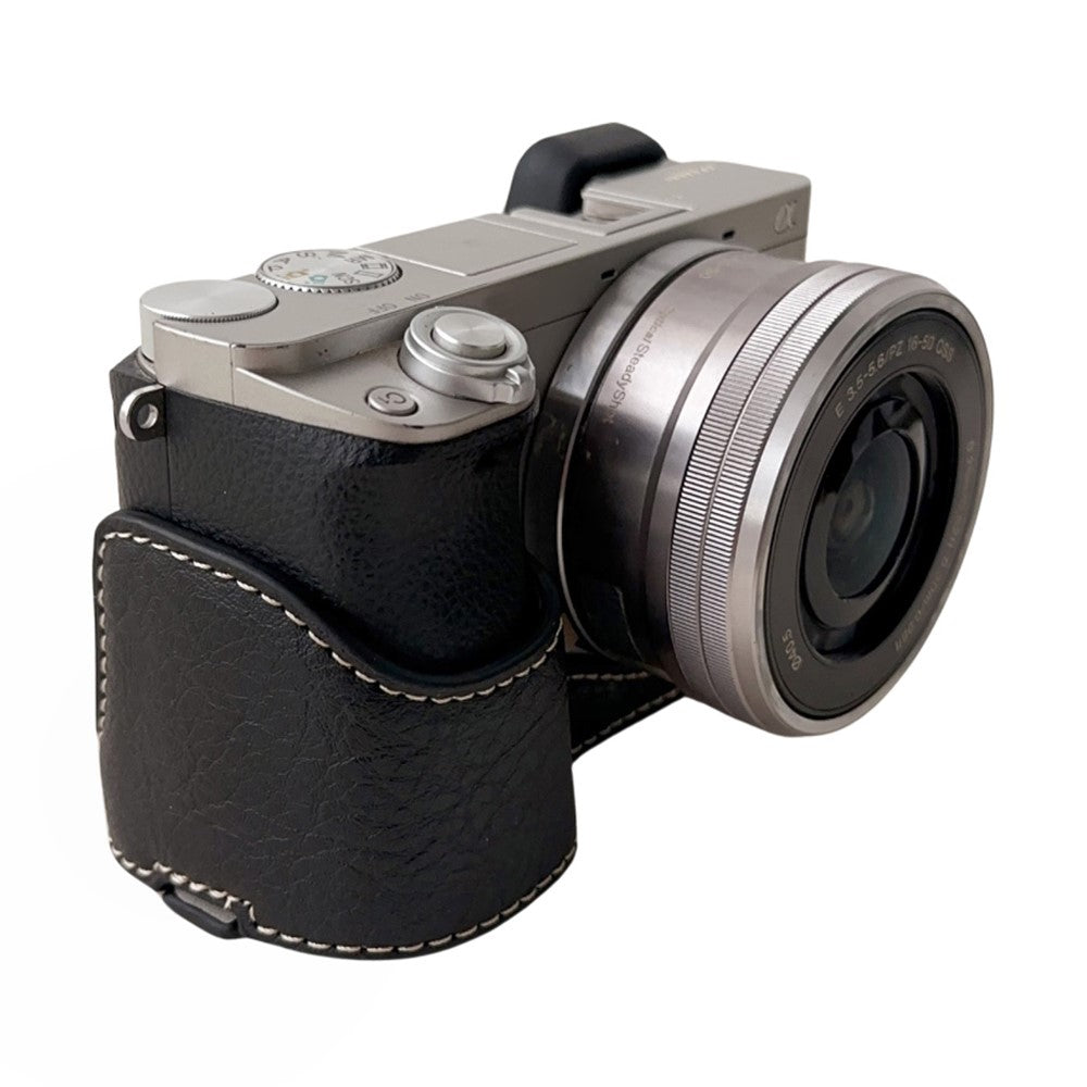 For Sony A6400 / A6300 / A6100 / A6000 PU Leather Camera Bottom Cover Screw Hole Half Body Case
