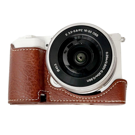 For Sony Alpha ZV-E10 Leather Camera Bottom Cover Buffalo Texture Half Body Case with Battery Opening