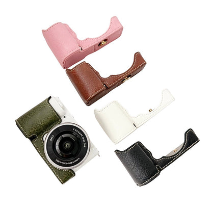 For Sony Alpha ZV-E10 Leather Camera Bottom Cover Buffalo Texture Half Body Case with Battery Opening