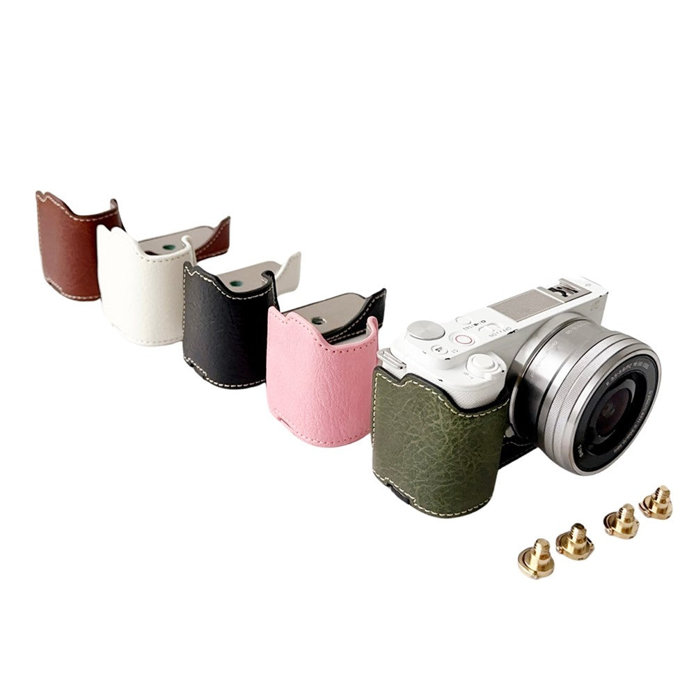 For Sony Alpha ZV-E10 Leather Camera Bottom Cover Buffalo Texture Half Body Case with Battery Opening