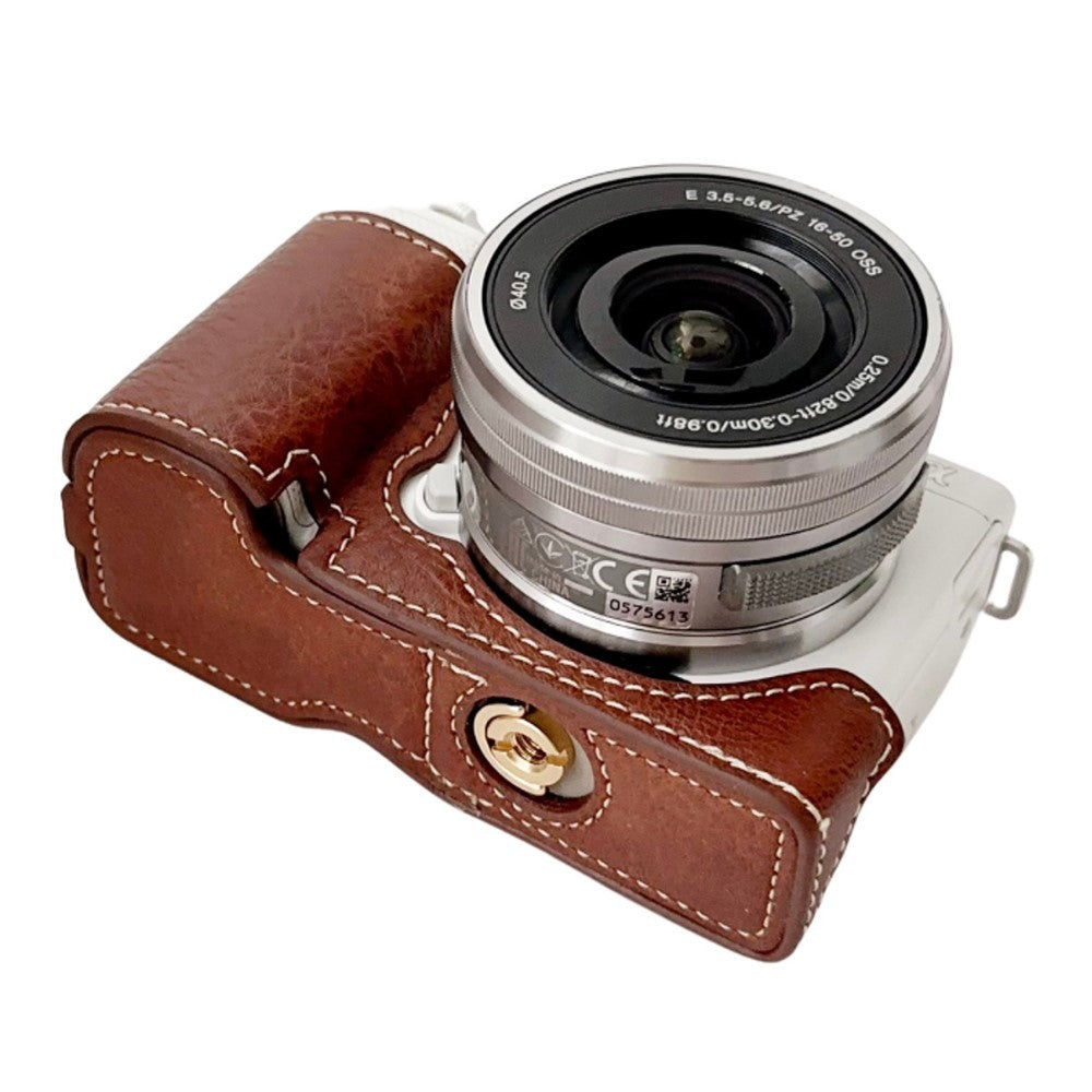 For Sony Alpha ZV-E10 Leather Camera Bottom Cover Buffalo Texture Half Body Case with Battery Opening
