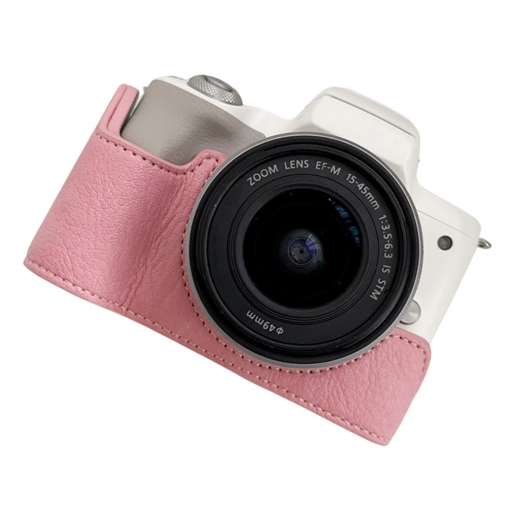 For Canon EOS M50 Mark II /  M50 / M5 Leather Camera Bag Half Body Case with Battery Opening Buffalo Texture- Pink