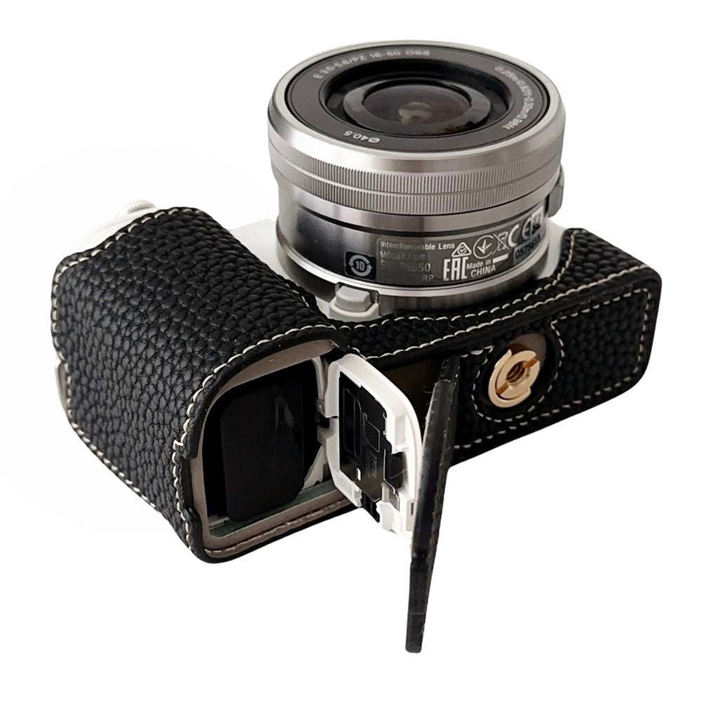 For Sony ZV-E10 Litchi Texture Leather Camera Bag Bottom Case with Battery Opening