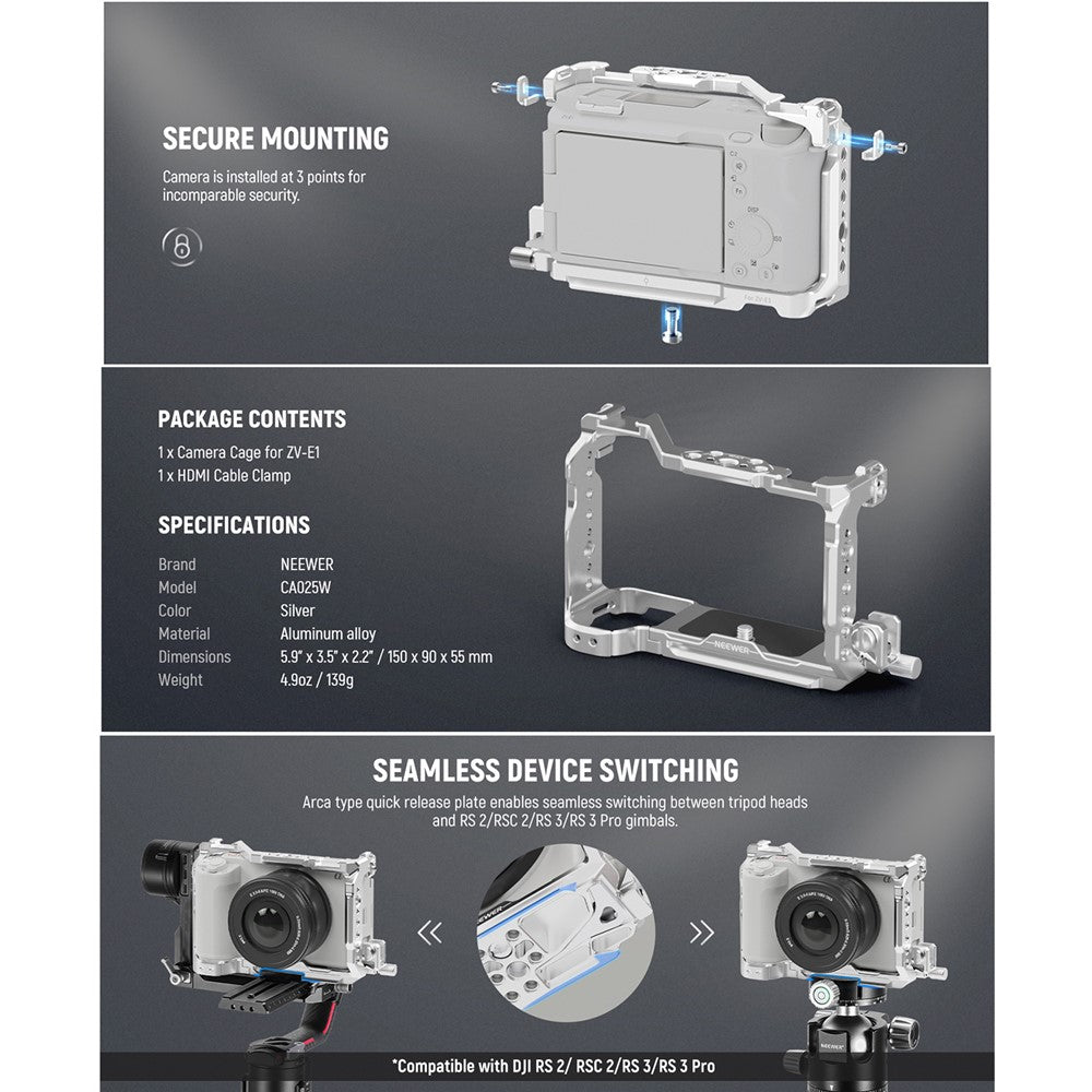 NEEWER CA025 For Sony ZV-E1 Metal Cage Mirrorless Camera Protective Expansion Frame