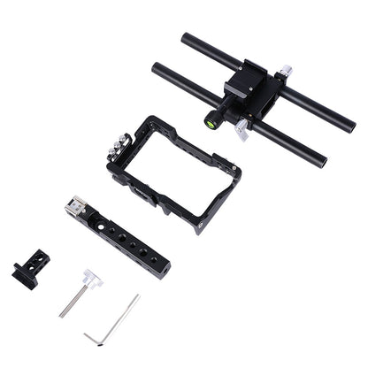 YELANGU C6 Aviation Aluminum Frame Cage Kit for Sony A6000/A6300/A6400/A6500 Quick Release Plate Base Protective Cover with Cold Shoe Adapter for Photography