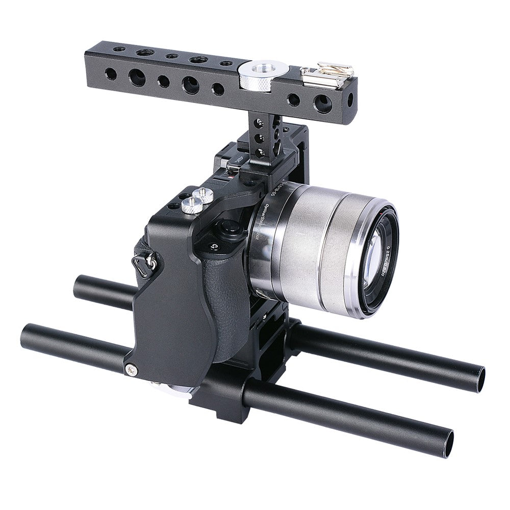 YELANGU C6 Aviation Aluminum Frame Cage Kit for Sony A6000/A6300/A6400/A6500 Quick Release Plate Base Protective Cover with Cold Shoe Adapter for Photography