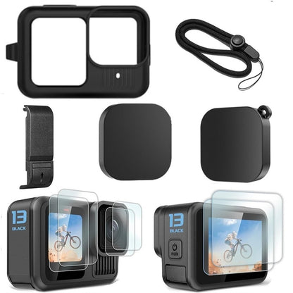 For GoPro Hero 13 Black Tempered Glass Screen Protector Lens Film with Silicone Cover and Wrist Strap Accessories Kit