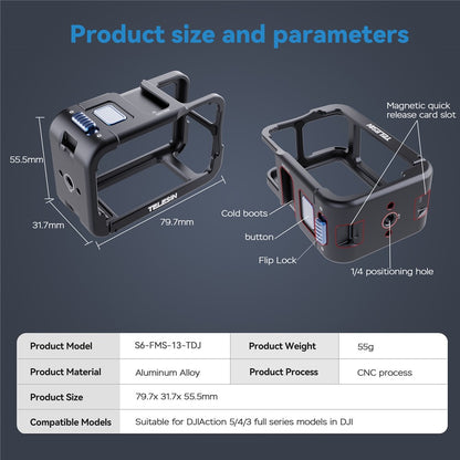 TELESIN S6-FMS-13-TDJ Metal Cage for DJI Osmo Action 5 Pro  /  4  /  3 Aluminum Alloy Frame Sports Camera Protective Housing