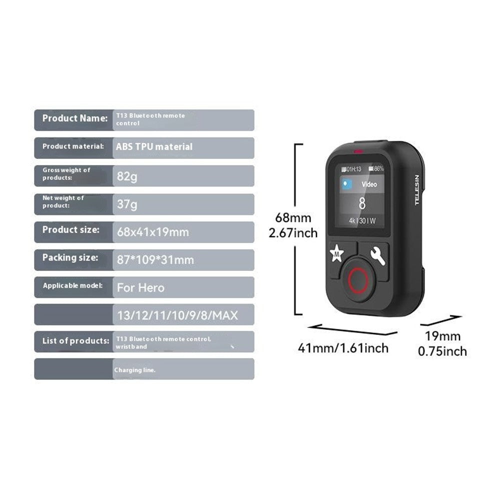 TELESIN S5-RMT-01-TGP For GoPro Hero 13 / 12 / 11 / 10 / 9 / 8 / GoPro MAX Remote Control Bluetooth-Compatible Color Screen Controller