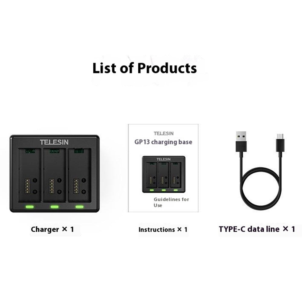 TELESIN S0-BCG-1 For GoPro Hero 13 Battery Charging Dock Base 3 Slots Charging Box