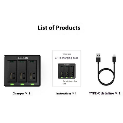 TELESIN S0-BCG-1 For GoPro Hero 13 Battery Charging Dock Base 3 Slots Charging Box
