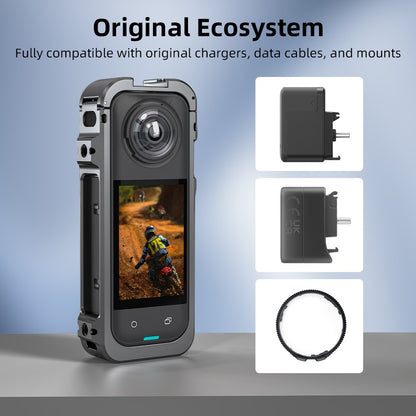 FLYMILE For Insta360 X5 Protective Cage Multifunctional Expansion Metal Frame with Cold Shoe, 1 / 4" Screw