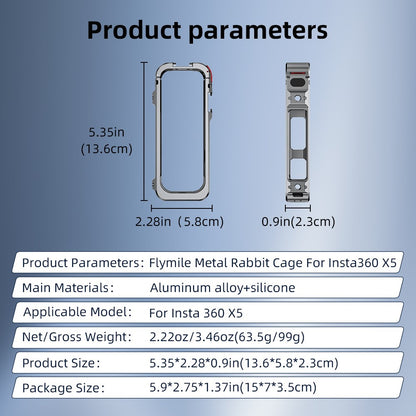 FLYMILE For Insta360 X5 Protective Cage Multifunctional Expansion Metal Frame with Cold Shoe, 1 / 4" Screw