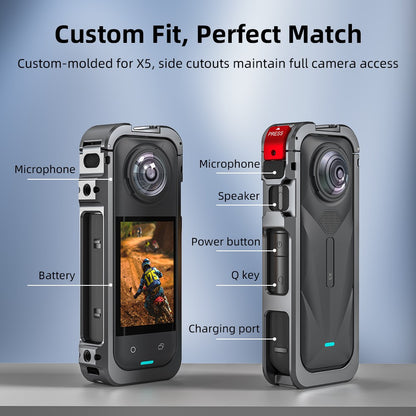 FLYMILE For Insta360 X5 Protective Cage Multifunctional Expansion Metal Frame with Cold Shoe, 1 / 4" Screw
