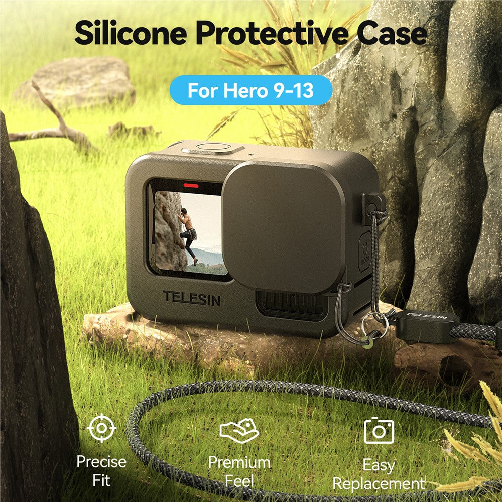 TELESIN S6-PTC-010-TGP Silicone Protective Case For GoPro Hero 13 / 12 / 11 / 10 / 9 Lens Cap Shockproof Cover with Neck / Wrist Strap