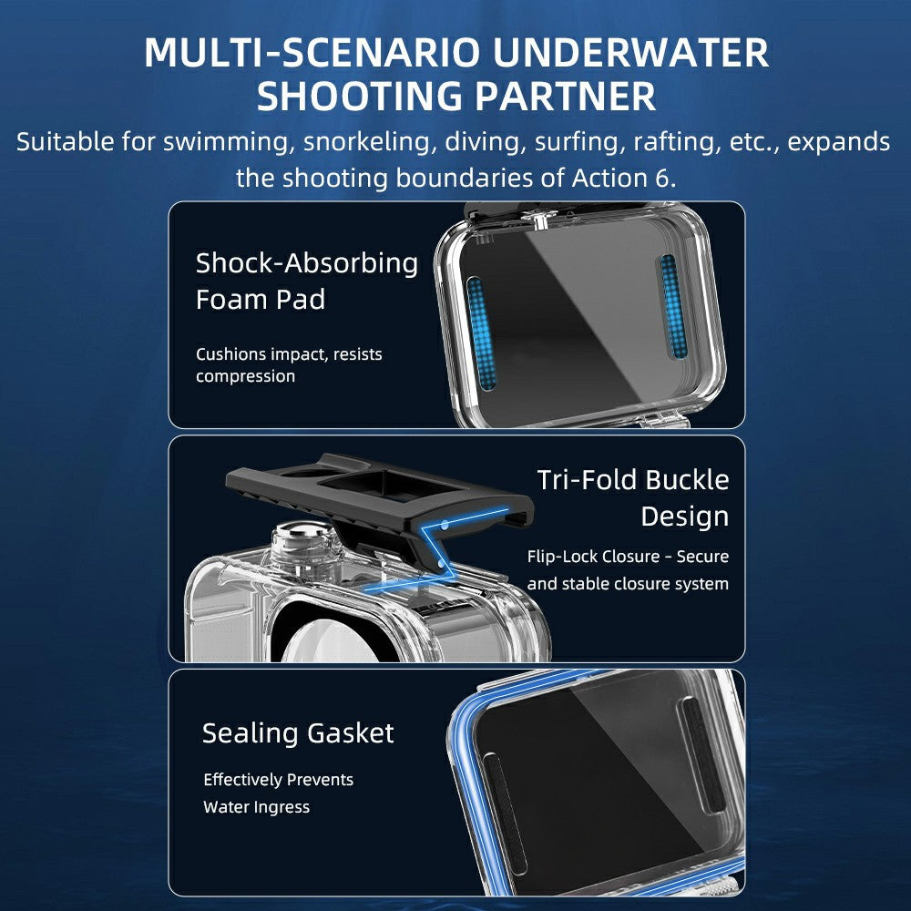 For DJI Osmo Action 6 60m Depth Camera Waterproof Case Transparent PC + Tempered Glass Anti Fog Underwater Housing