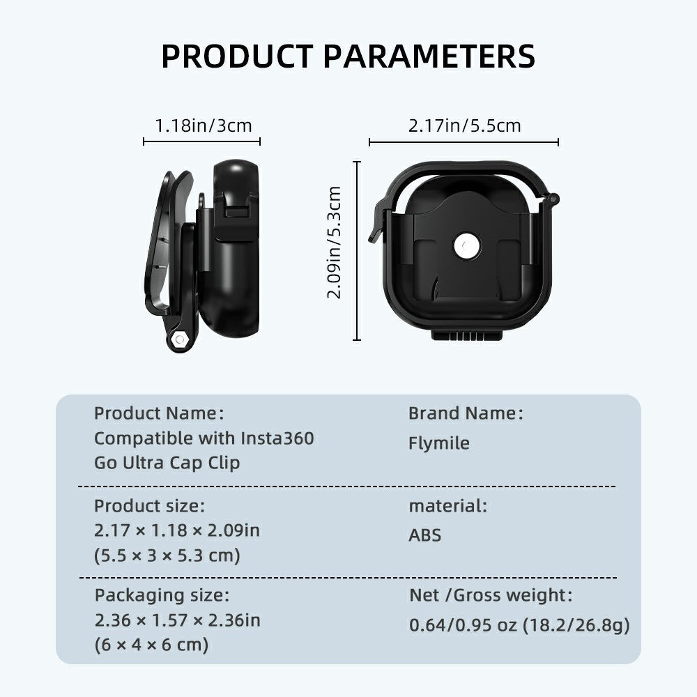 FLYMILE For Insta360 Go Ultra Cap Clip Camera Mount Baseball Hat Clip Sports Camera POV Vlog Mount
