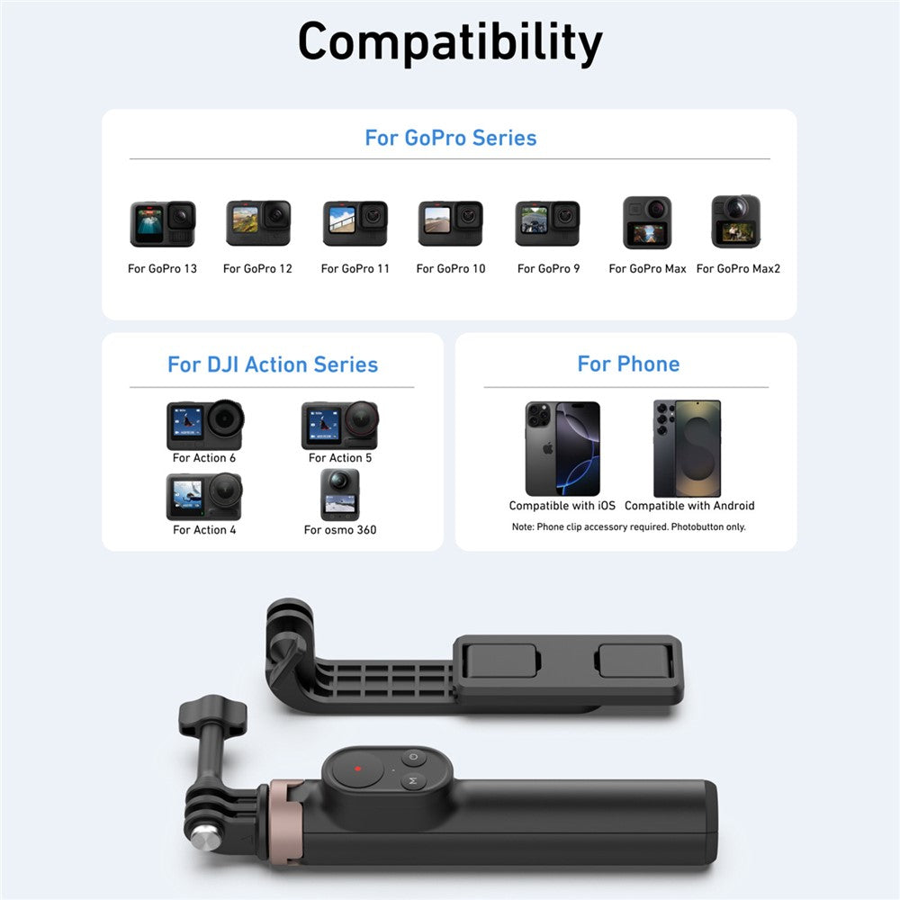 TELESIN S1-CSS-08 Vlog Selfie Stick for GoPro Hero 13 / 13 / 11 / DJI Osmo 360 Aluminum Alloy Tripod with Remote Control