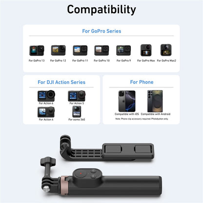 TELESIN S1-CSS-08 Vlog Selfie Stick for GoPro Hero 13 / 13 / 11 / DJI Osmo 360 Aluminum Alloy Tripod with Remote Control