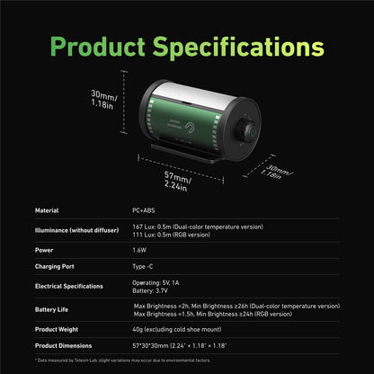 TELESIN S5-BGD-16 MagFilm Fill Light for DJI Action 6 / 5 / Pocket 3 Magnetic Cold Shoe RGB Color LED Light