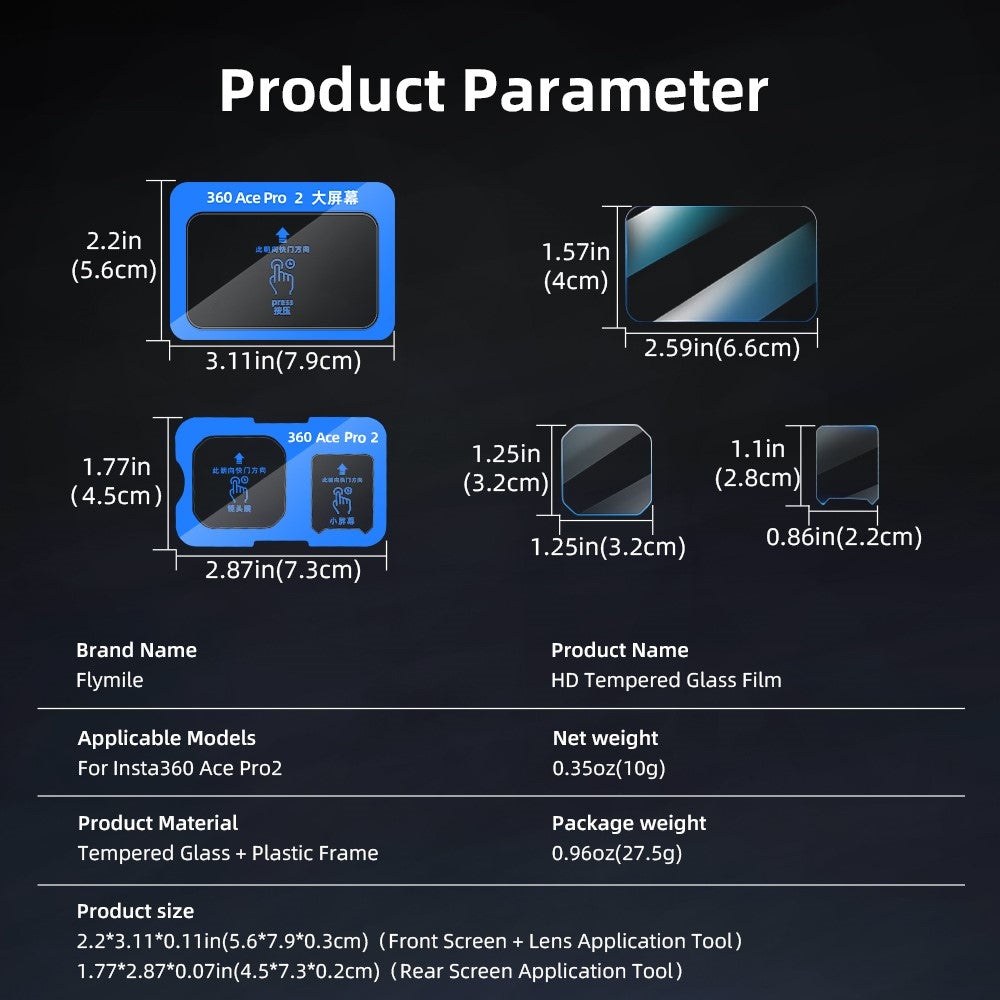 FLYMILE 1 Set For Insta360 Ace Pro 2 Camera Tempered Glass Screen Protector Front Rear Lens Film