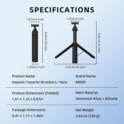 BRDRC For DJI Osmo Action 6 / Osmo Nano Magnetic Tripod Rotation Telescopic Selfie Stick Aluminum Alloy Stand