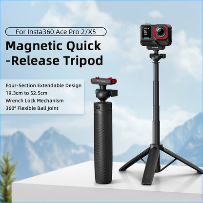 FLYMILE Magnetic Quick-Release Tripod for Insta360 Ace Pro 1  /  2  /  ACE  /  X5 2-in-1 Selfie Stick Telescopic Pole Tripod with Ball Head
