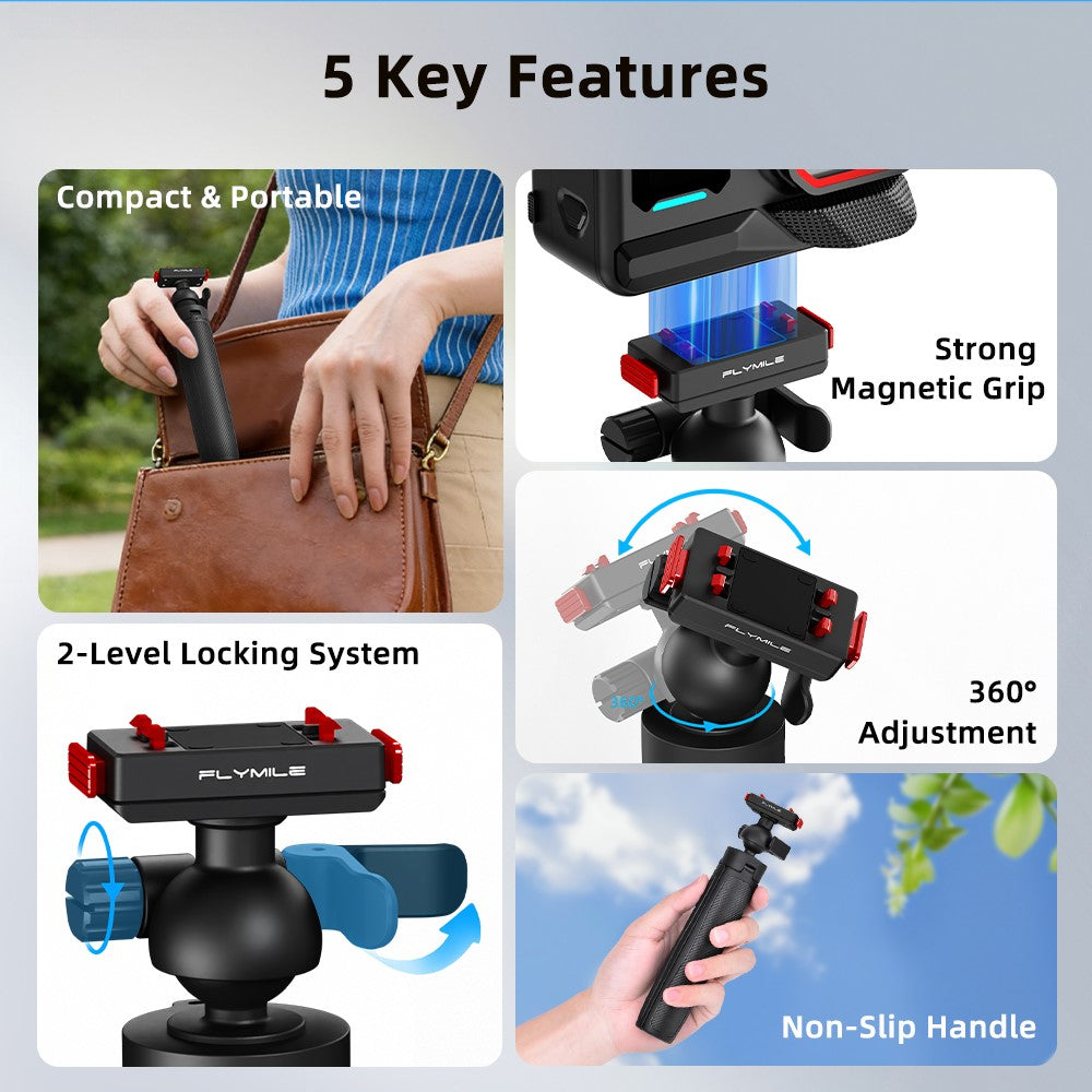 FLYMILE Magnetic Quick-Release Tripod for Insta360 Ace Pro 1  /  2  /  ACE  /  X5 2-in-1 Selfie Stick Telescopic Pole Tripod with Ball Head