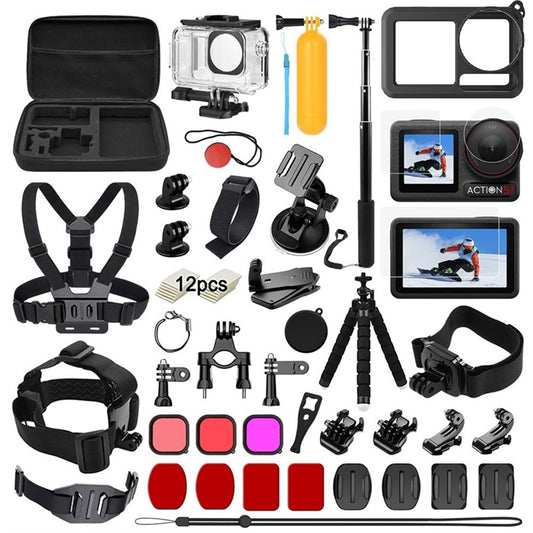 55-in-1 Action Camera Accessory Kit for DJI Osmo Action 5 Pro  /  4  /  3 Waterproof Case Tempered Glass Screen Protector Filter Selfie Stick Chest Strap Mount Set