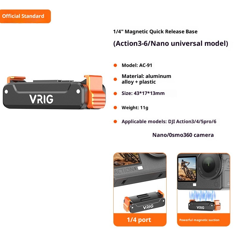 VRIG AC91 Magnetic Quick Release Mount for DJI Osmo Action 6 / 5 Pro / 4 / 3 / Nano / 360 Camera 1 / 4 Screw Base