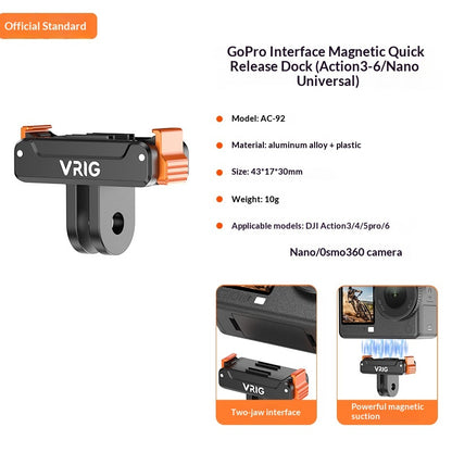 VRIG AC92 Magnetic Quick Release Mount Base for DJI Osmo Action 6/5 Pro/4/3/Nano/360 Camera Accessories