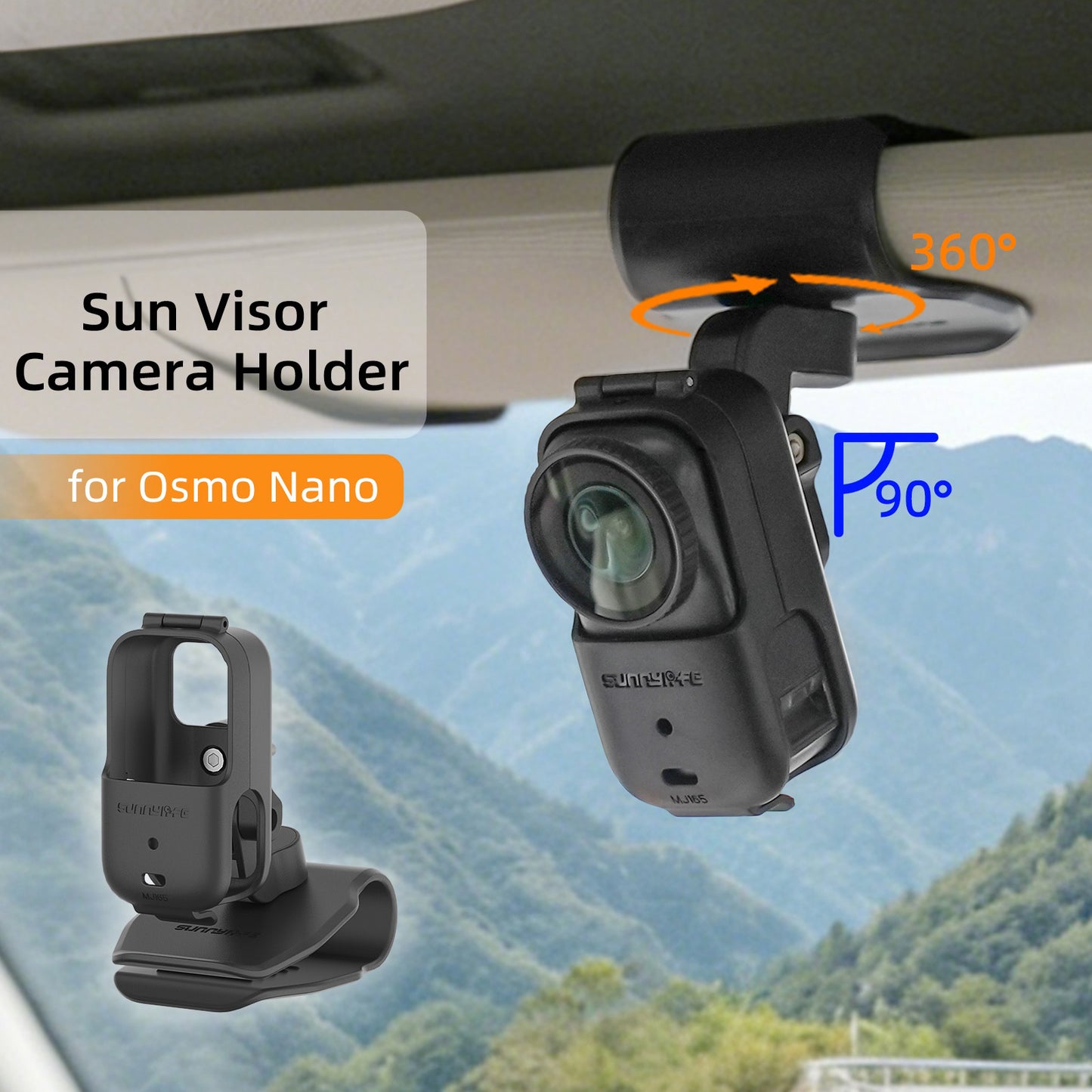 SUNNYLIFE ON-MJ165 For DJI Osmo Nano Car Sun Visor Mount 360 Degree Rotatable Action Camera Holder Vehicle Clip
