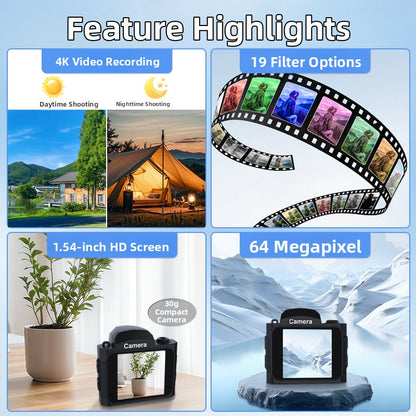 HJD-02 Mini Digital Camera For Kids Students 4K Video Recorder 64MP Portable Camera Travel Gift