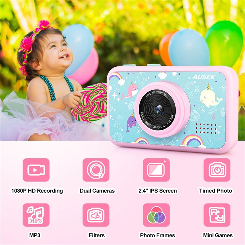 AD-G29D 2.4 inch Screen Kids Camera Front/Back Dual Camera Portable Handheld Mini Camera with Games/Filters/Frames