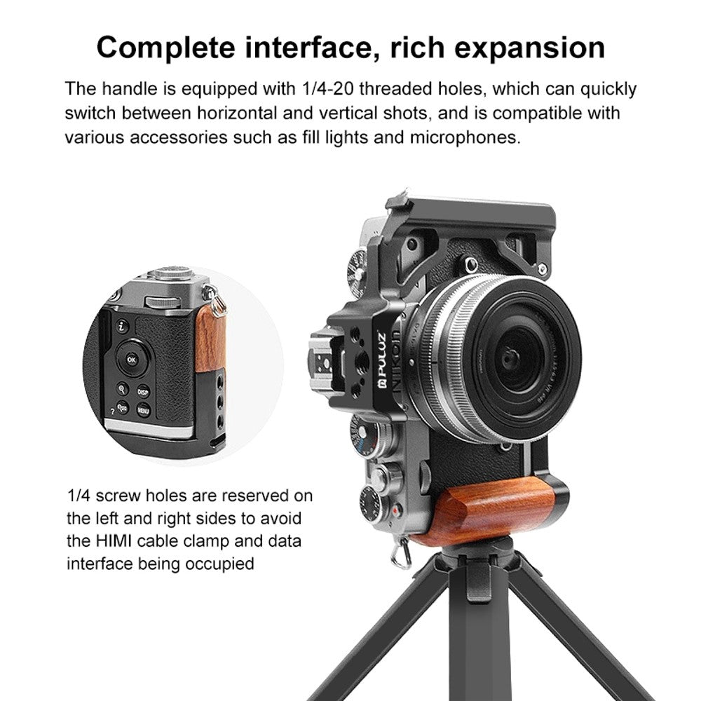 PULUZ PU3112B For Nikon Z fc Cold Shoe Mount Aluminum Alloy Camera Rabbit Cage with Wooden Handle