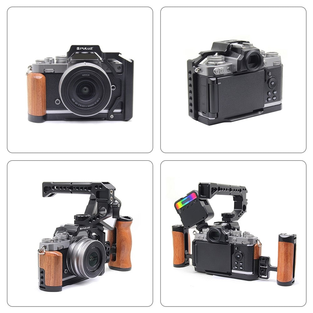 PULUZ PU3112B For Nikon Z fc Cold Shoe Mount Aluminum Alloy Camera Rabbit Cage with Wooden Handle
