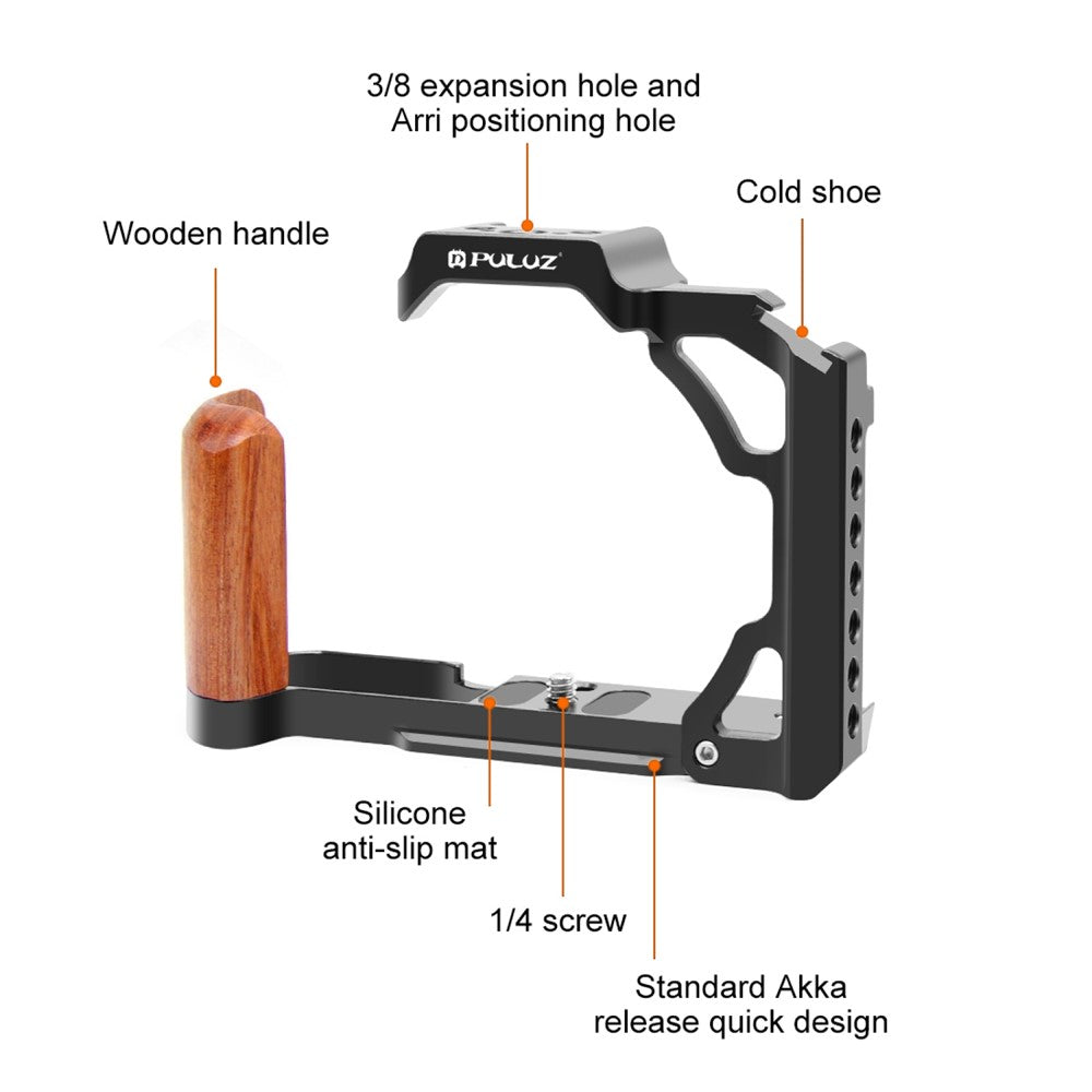 PULUZ PU3112B For Nikon Z fc Cold Shoe Mount Aluminum Alloy Camera Rabbit Cage with Wooden Handle