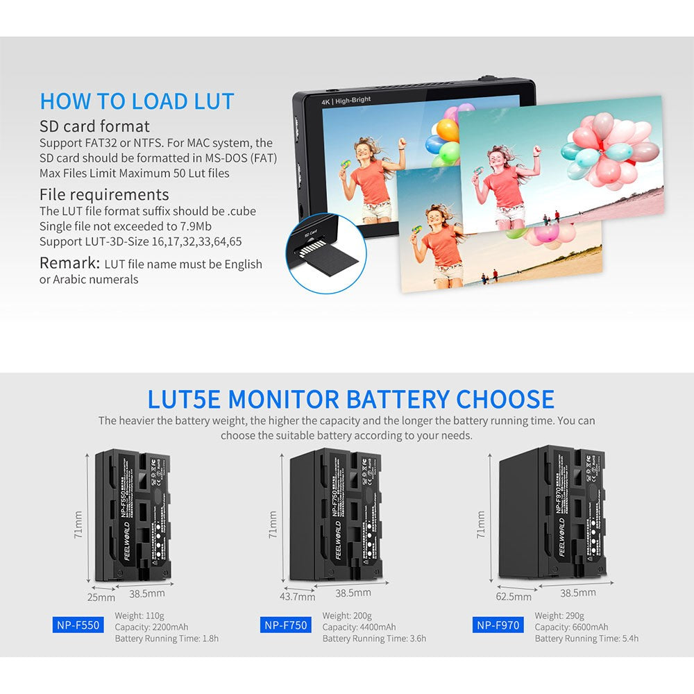 FEELWORLD LUT5E 5.5 inch 4K HD Monitor 1920x1080 IPS Full HD 1600nit High Brightness Display Screen for Photography / Videography