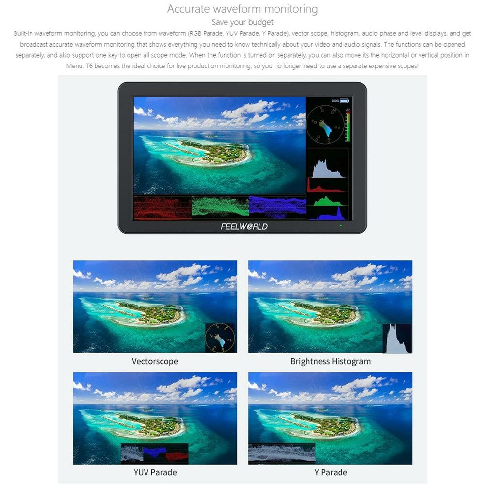 FEELWORLD T6 6 Inch Camera Monitor Aluminum DSLR / Mirrorless Camera External HD IPS Display for Photography