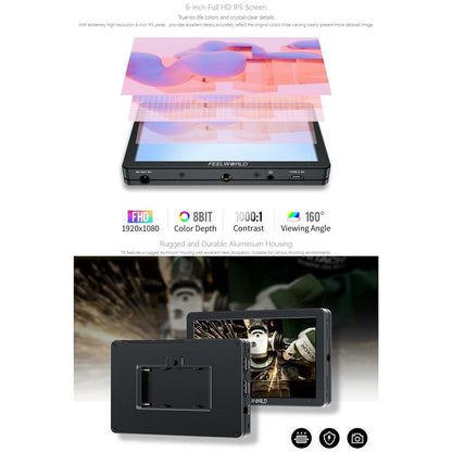 FEELWORLD T6 6 Inch Camera Monitor Aluminum DSLR / Mirrorless Camera External HD IPS Display for Photography