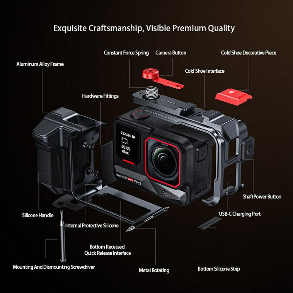 DJ-10 Camera Cage for Insta360 Ace Pro 2 One-Piece Aluminum Alloy CNC Protective Frame with Cold Shoe Mount & 1 / 4 Inch-20 Threaded Holes