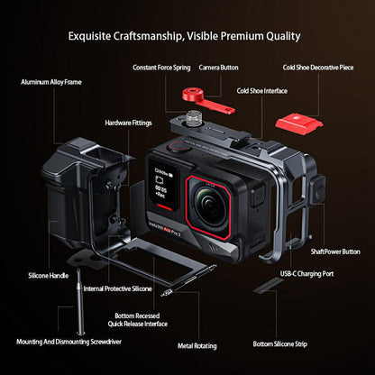 DJ-10 Camera Cage for Insta360 Ace Pro 2 One-Piece Aluminum Alloy CNC Protective Frame with Cold Shoe Mount & 1 / 4 Inch-20 Threaded Holes
