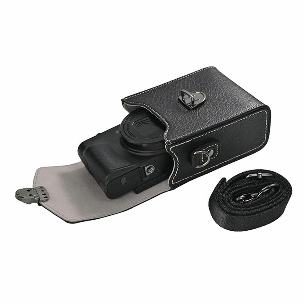 Universal Vintage Litchi Pattern Camera Bag PU Leather Protective Case with Shoulder Strap for Small Digital Cameras