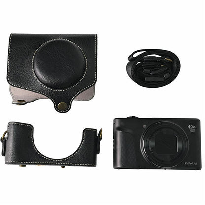 Camera Case for Canon SX740 HS Vintage Litchi Texture PU Leather Full Coverage Protective Cover with Shoulder Strap