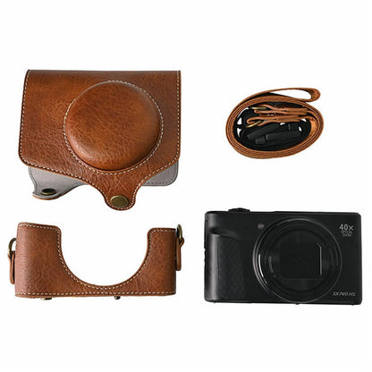 Camera Case for Canon SX740 HS Vintage Litchi Texture PU Leather Full Coverage Protective Cover with Shoulder Strap
