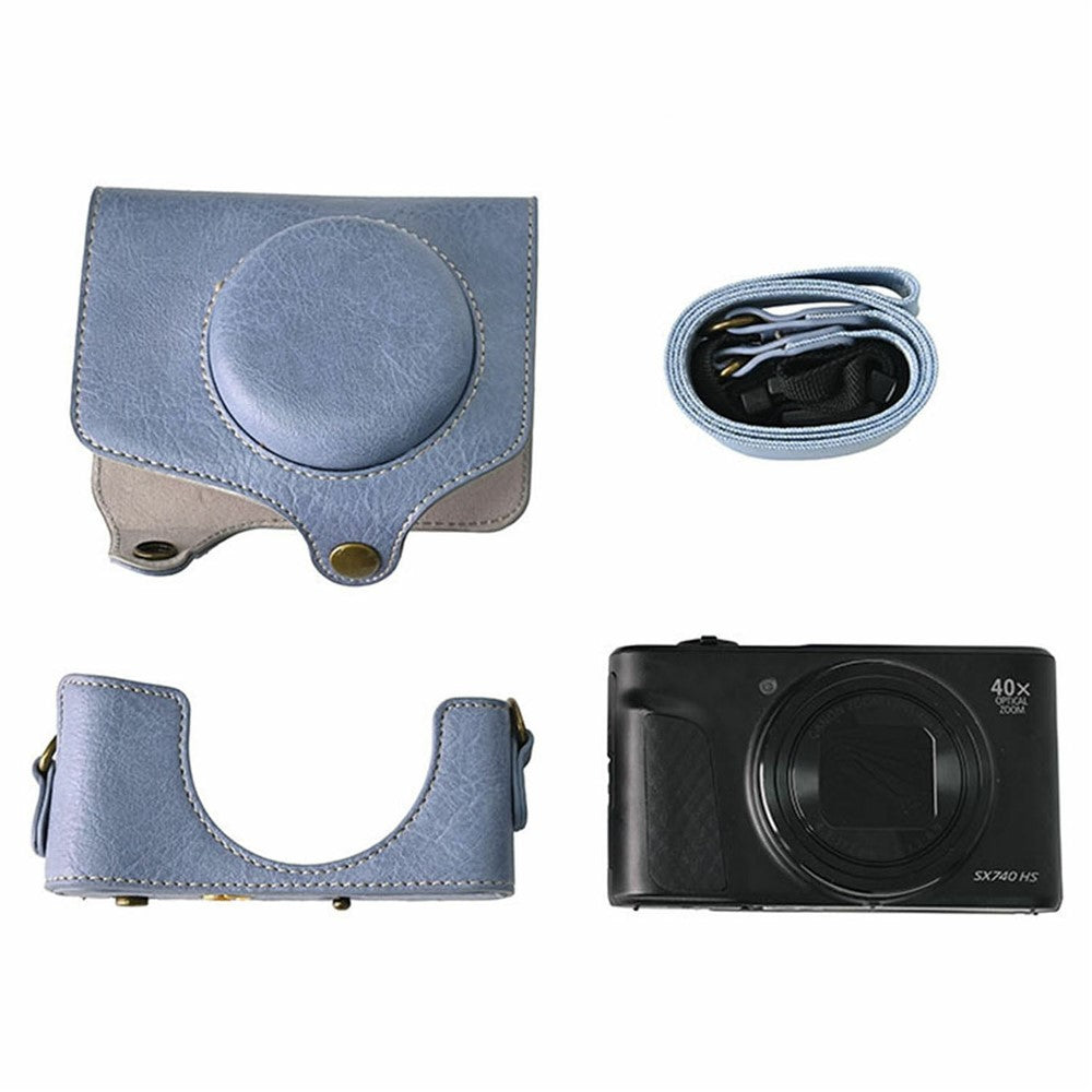 Camera Case for Canon SX740 HS Vintage Litchi Texture PU Leather Full Coverage Protective Cover with Shoulder Strap