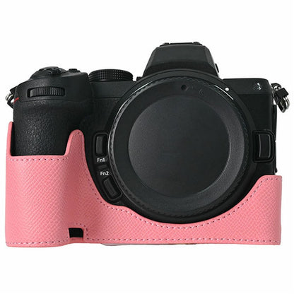 PU Leather Camera Base for Nikon Z 6 II  /  Nikon Z 5 Magnetic Palm Texture Grip Half Case Protective Cover with Flip-Open Battery Access